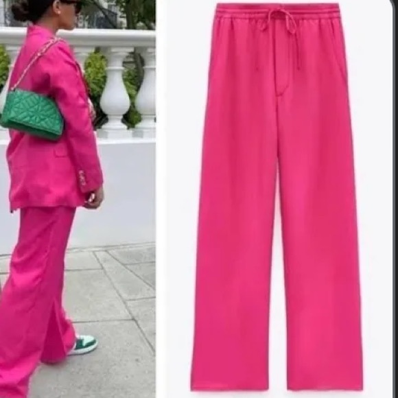 Zara High Waist Size Pocket Straight Leg Loose Pants Sonic Pink 28” inseam NWOT - Picture 1 of 17